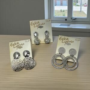 Erica Lyons Silver Tone Clip-On Earrings Bundle (3 Pairs) Floral & Geometric NWT